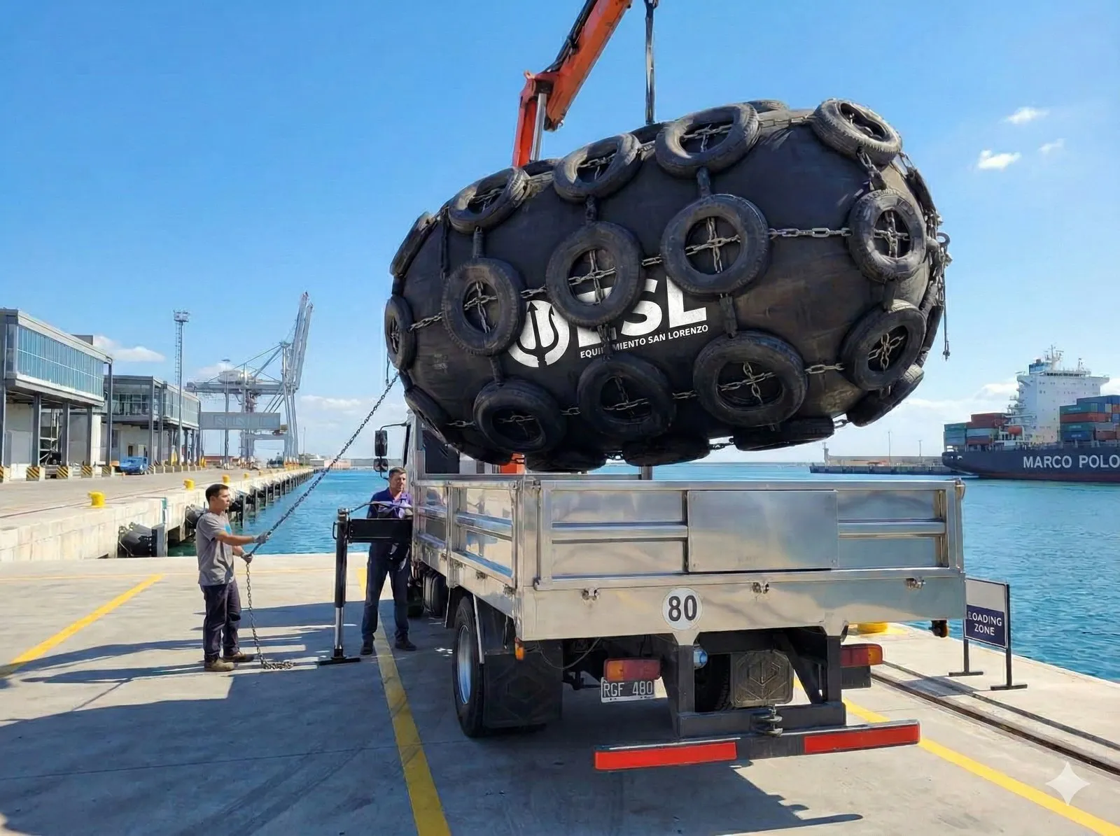 Defensa neumática ESL izada por una grúa en el puerto